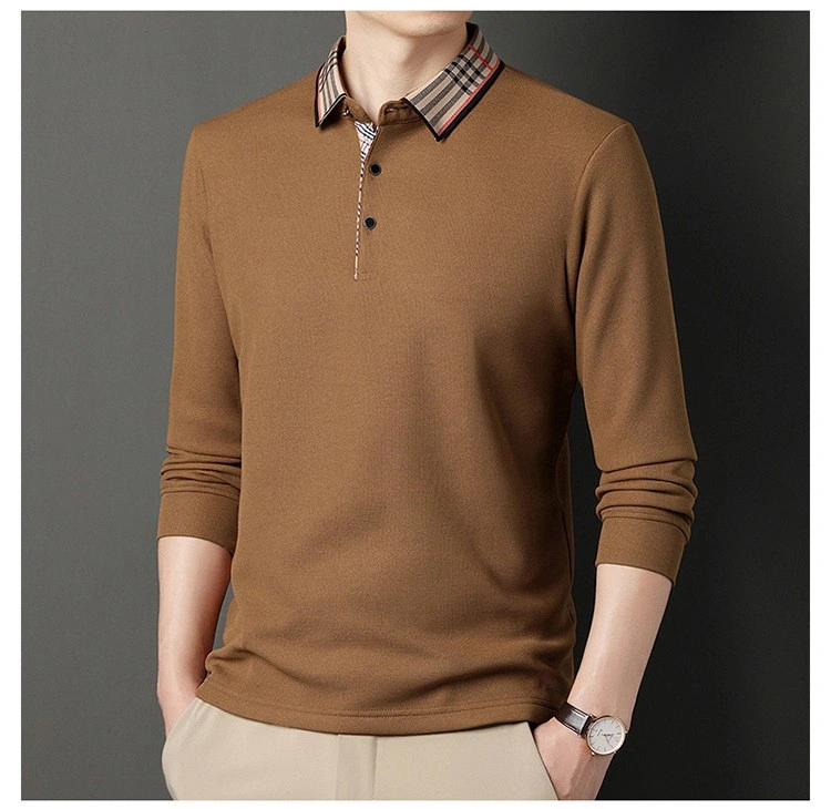 Autumn and Winter Plus Fleece Men&prime;s Long Sleeved Polo Comfortable Cotton Men&prime;s Blouse Casual Solid Color Men&prime;s Polo Shirt