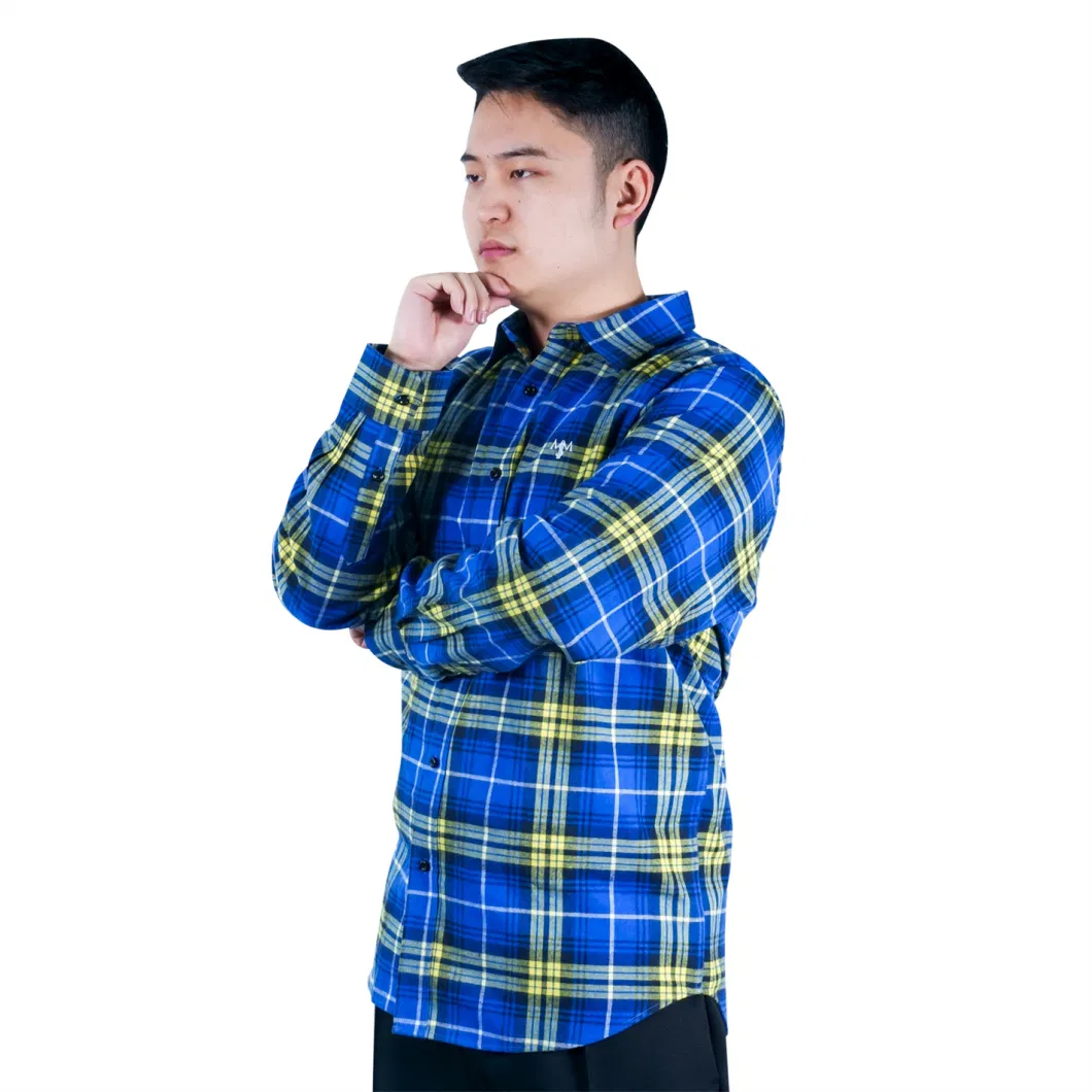 Cotton Plaid Men Blue Lumberjack Shirts Casual Work Custom Embroidered Brand Name Logo Shirt