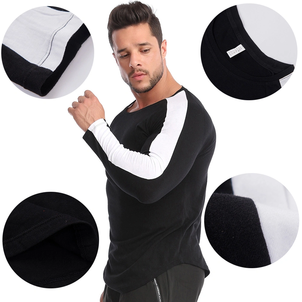 Quick Dry Running Shirt Men Black/White Round Neck Pullover Gym Sport T-Shirt Long Sleeve Compression Gym Fitness Tight Shirts with Curve Bottom