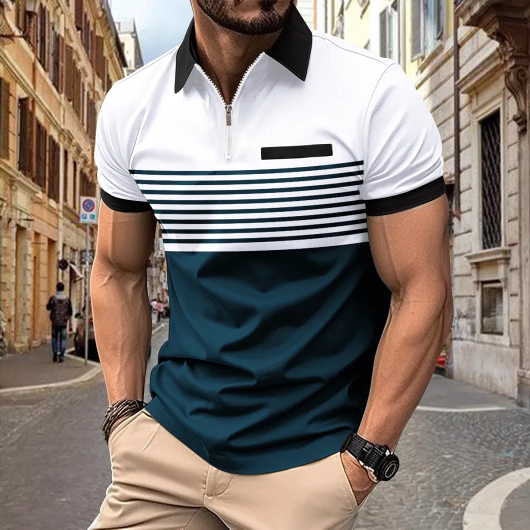 Men&prime;s Half Zipper Lapel Collar T Shirt Striped Print Short Sleeve Polo Shirt