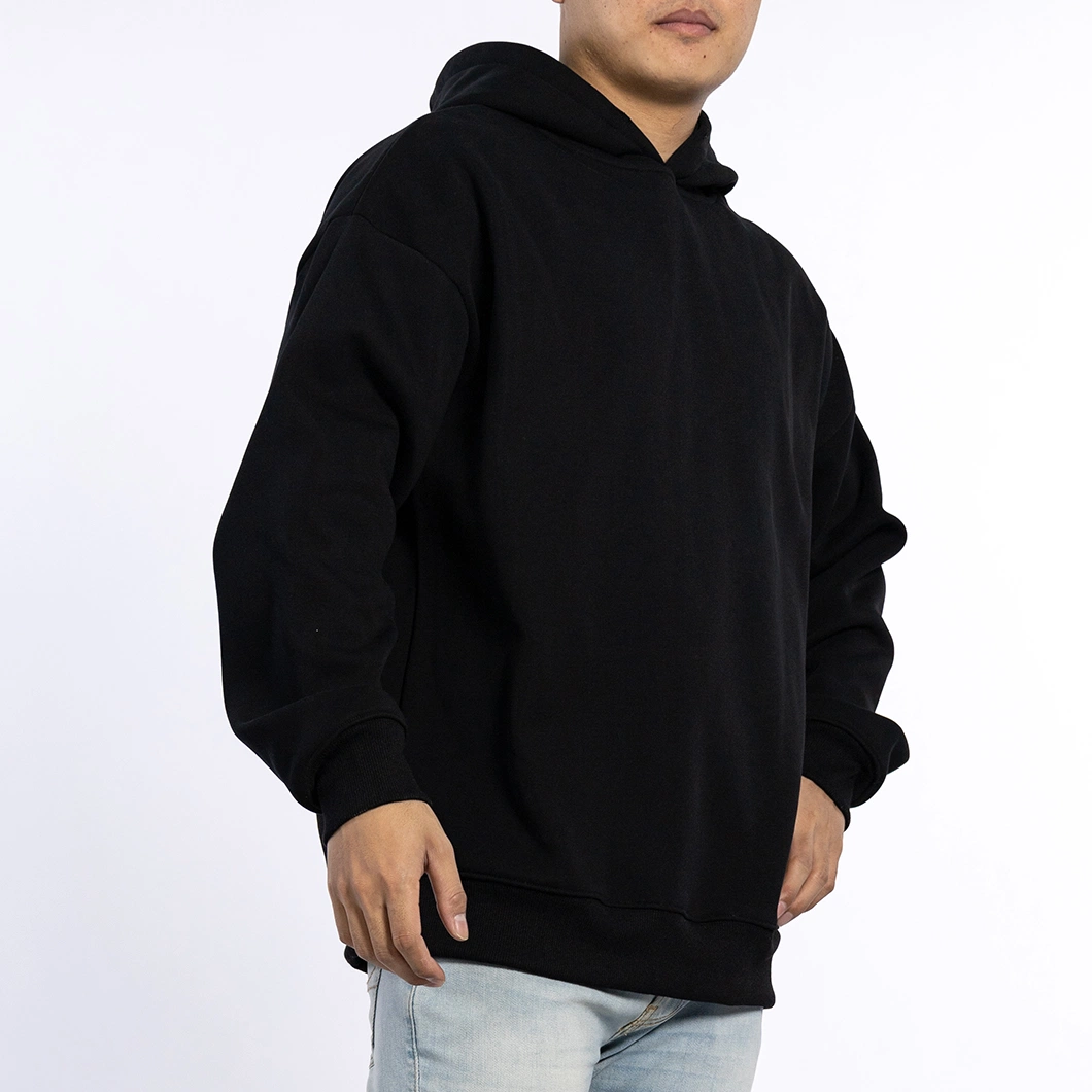 Custom 330GSM Knitted Cotton Male Pullover Soft Long Sleeve Black Hoodies for Men