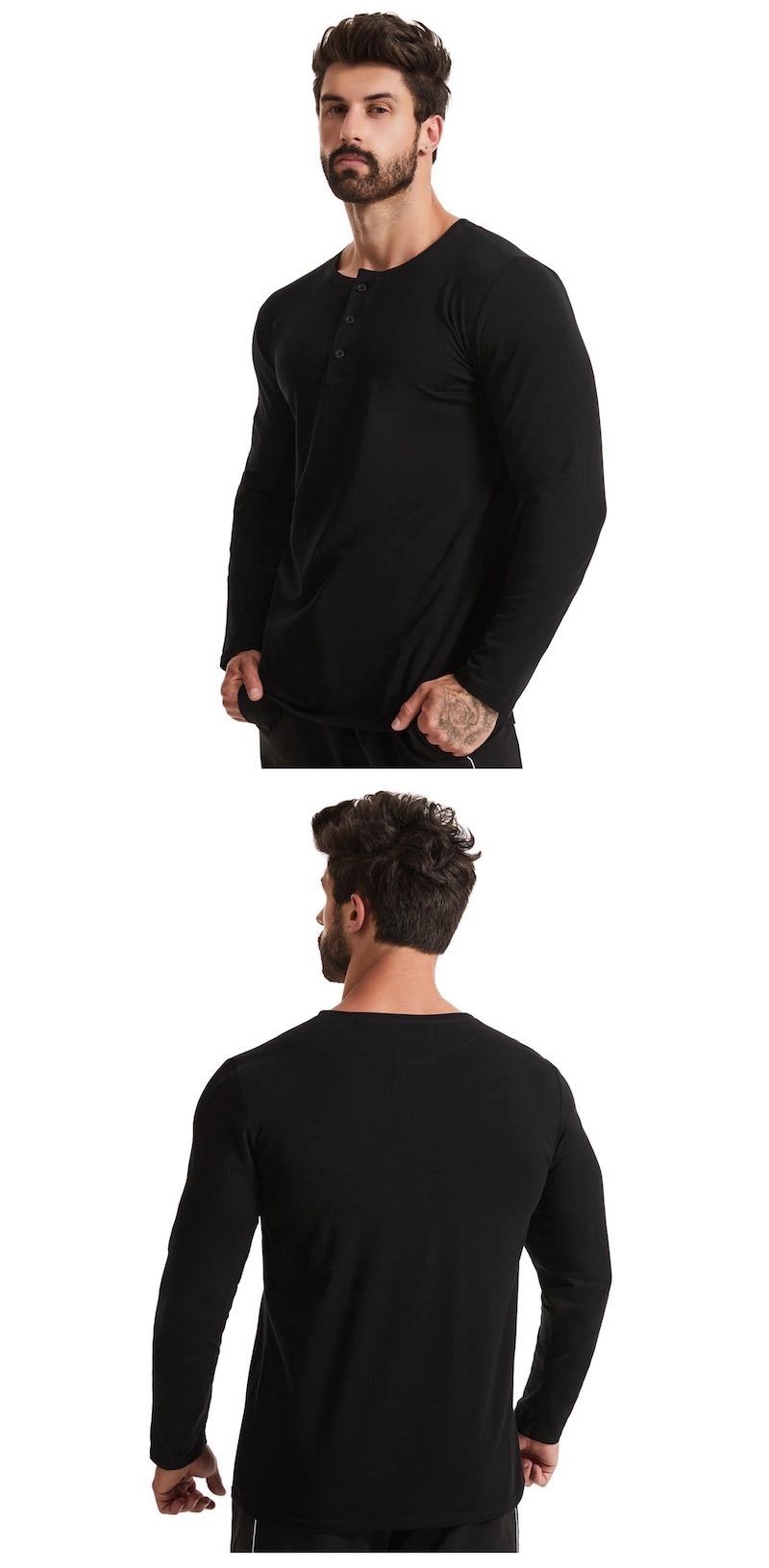 Wholesale Custom Logo Men&prime;s Loose Fit Long-Sleeve Henley Shirt Casual Beefy Workout Cotton Pullover Shirts with Buttons for Men