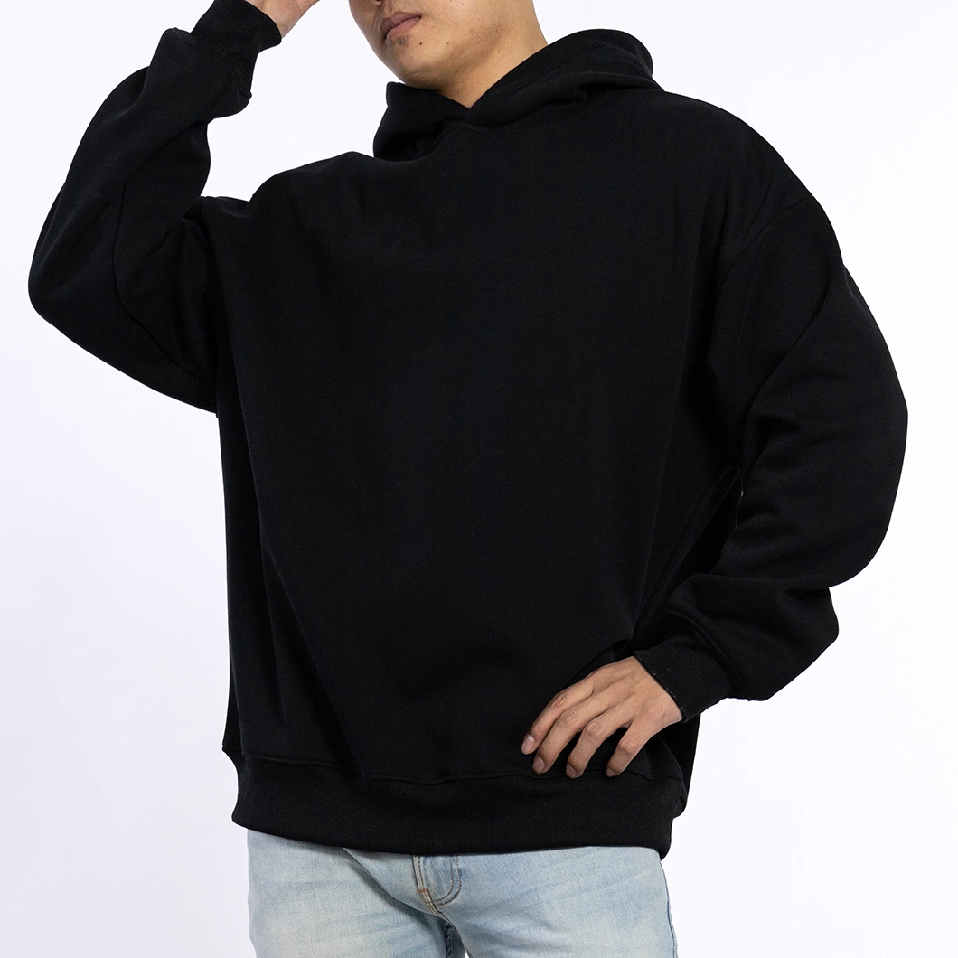 Custom 330GSM Knitted Cotton Male Pullover Soft Long Sleeve Black Hoodies for Men