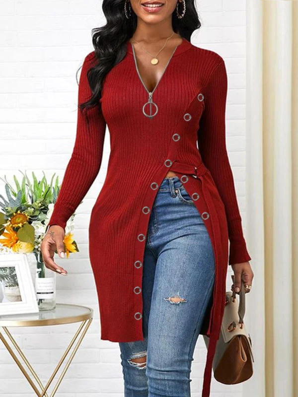 V-Neck Long-Sleeved High-Slit Solid Color T-Shirt