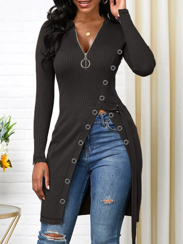 V-Neck Long-Sleeved High-Slit Solid Color T-Shirt