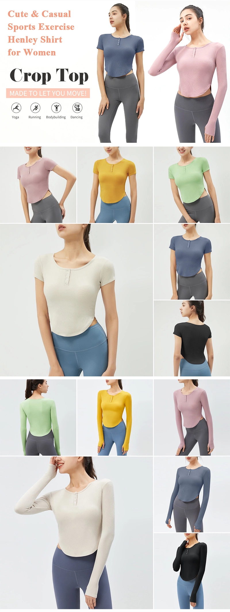 Wholesale Cute V Neck Yoga Apparel Henley Shirts Fitted Workout Crop Tops with Bra and Snap Button, Customize Short Sleeve Athletic Sports T-Shirts for Women