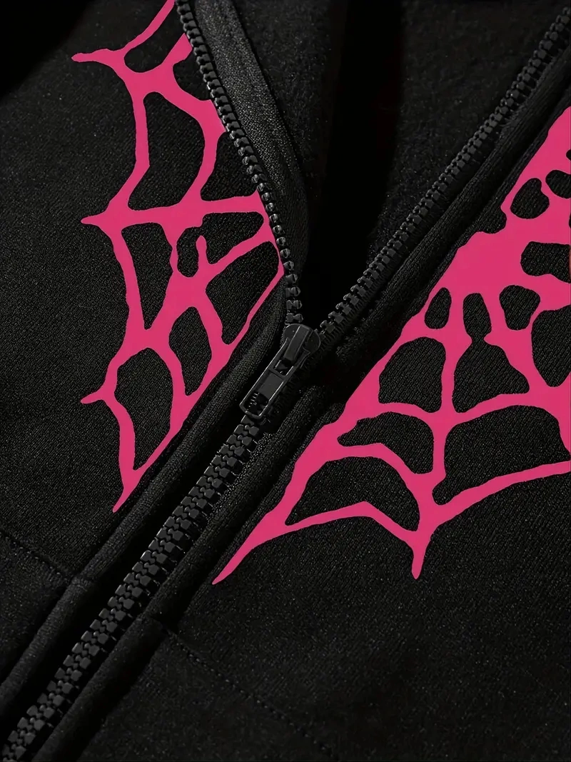 Spider Web Heart-Shaped Print Drawstring Loose Casual Zipper Hoodies Pocket Fashion Long Sleeve Sweatshirt