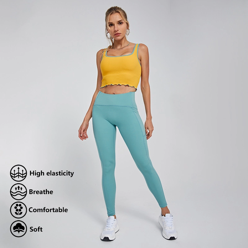 Ingorsports Wholesale Custom Women Clothing Contrast Color Binding Bra &amp; Yoga Pant with Pockets Without Front Seam for Sports Yoga Running Fitness Athletic Wear