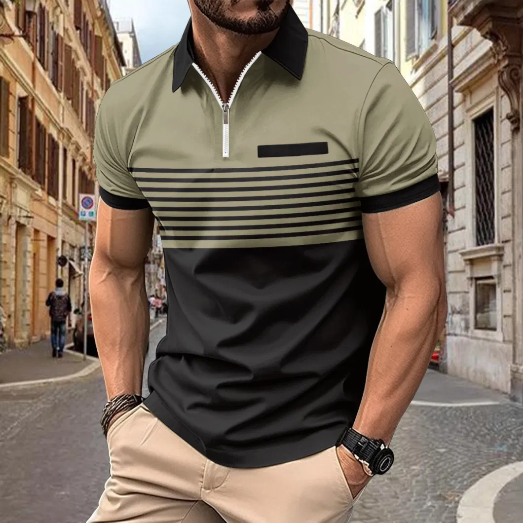 Men&prime;s Half Zipper Lapel Collar T Shirt Striped Print Short Sleeve Polo Shirt