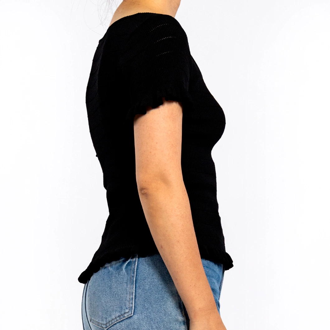 Knitted Round Neck Ruffle Short Sleeve Pullover Black Women Shirts