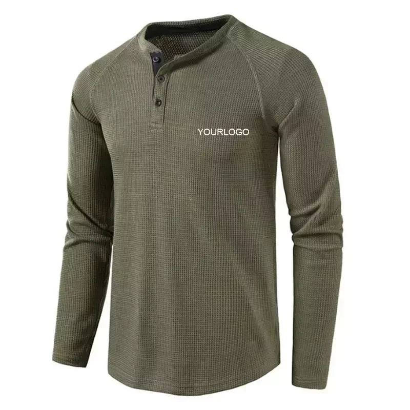 Plain Grey T-Shirts Bulk Henley Shirts Men Waffle Long Sleeve Gym Shirt Men Cotton Slim Sports Casual Wear T-Shirt