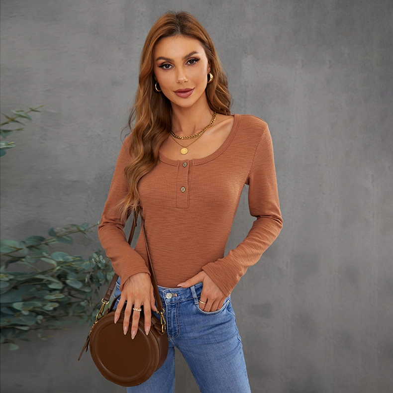 Spring and Autumn Solid Color Women&prime;s Slim U-Collar Pullover Long-Sleeved Top T-Shirt