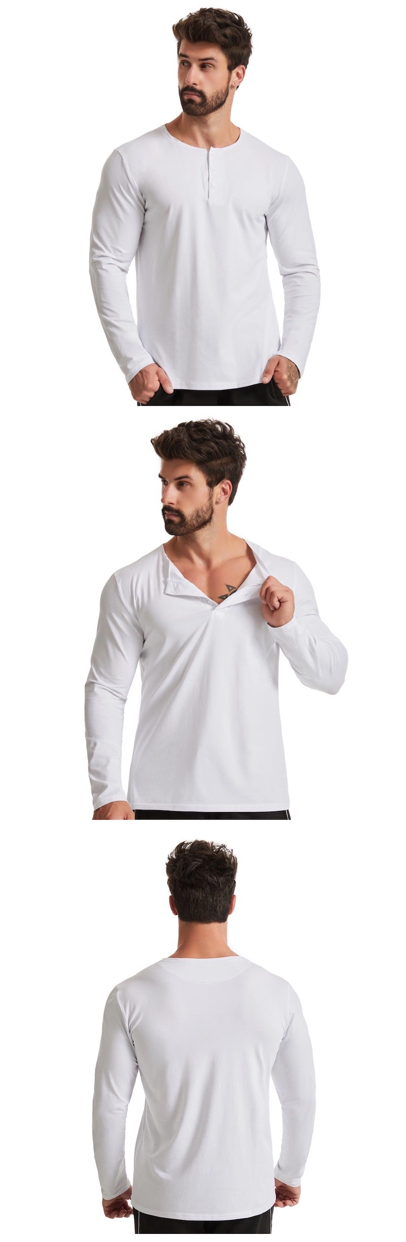 Wholesale Custom Logo Men&prime;s Loose Fit Long-Sleeve Henley Shirt Casual Beefy Workout Cotton Pullover Shirts with Buttons for Men