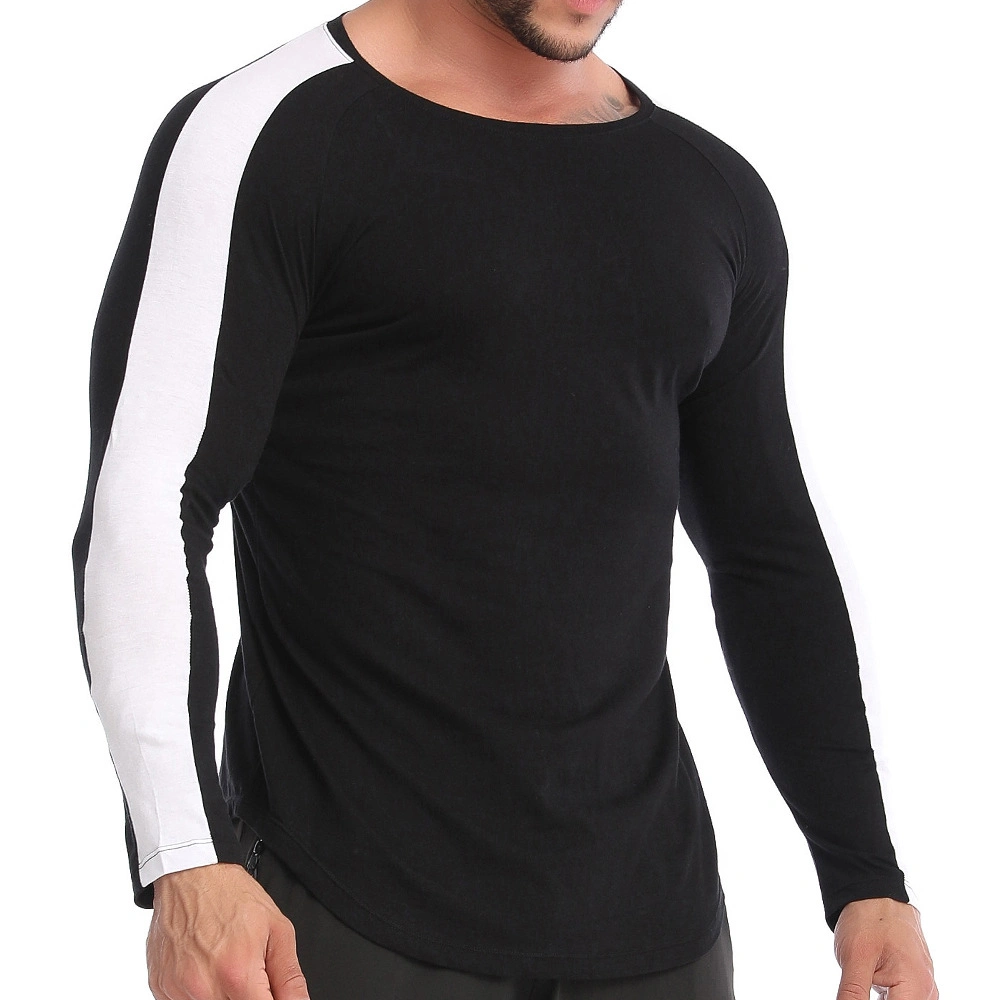 Quick Dry Running Shirt Men Black/White Round Neck Pullover Gym Sport T-Shirt Long Sleeve Compression Gym Fitness Tight Shirts with Curve Bottom