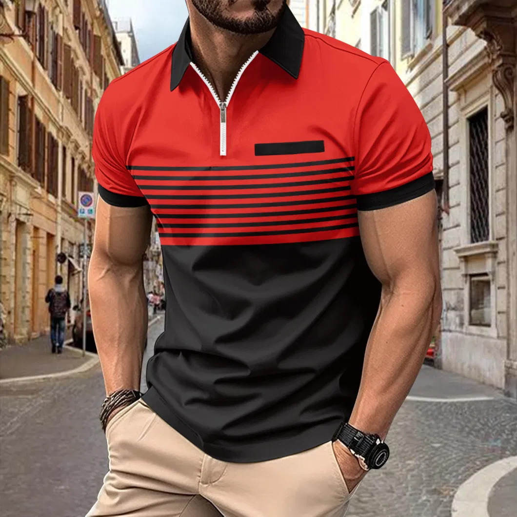 Men&prime;s Half Zipper Lapel Collar T Shirt Striped Print Short Sleeve Polo Shirt