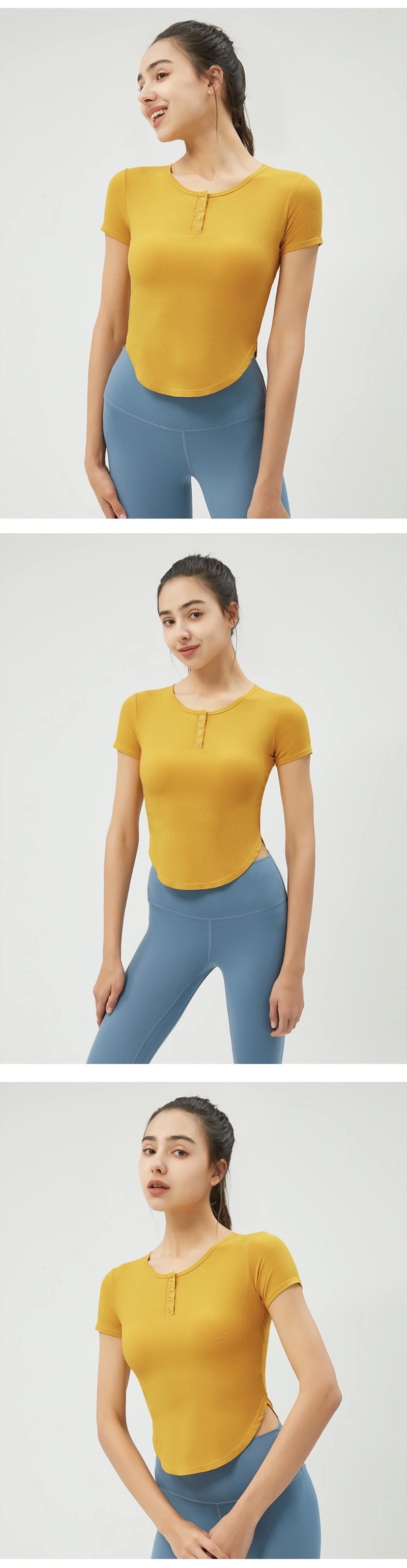 Wholesale Cute V Neck Yoga Apparel Henley Shirts Fitted Workout Crop Tops with Bra and Snap Button, Customize Short Sleeve Athletic Sports T-Shirts for Women