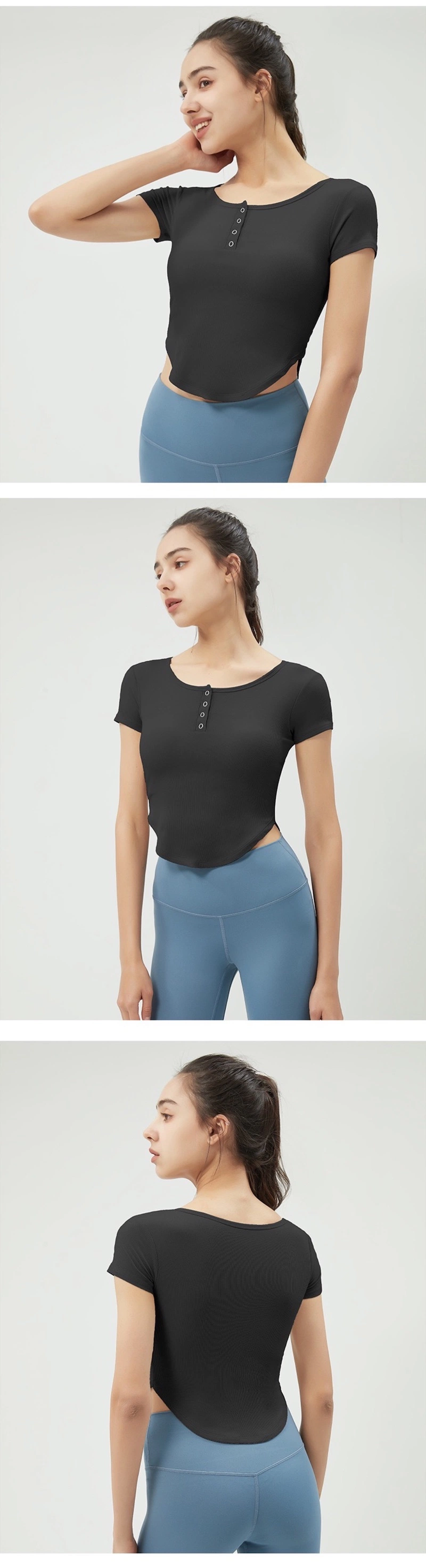 Wholesale Cute V Neck Yoga Apparel Henley Shirts Fitted Workout Crop Tops with Bra and Snap Button, Customize Short Sleeve Athletic Sports T-Shirts for Women