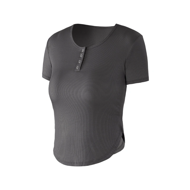 Wholesale Cute V Neck Yoga Apparel Henley Shirts Fitted Workout Crop Tops with Bra and Snap Button, Customize Short Sleeve Athletic Sports T-Shirts for Women