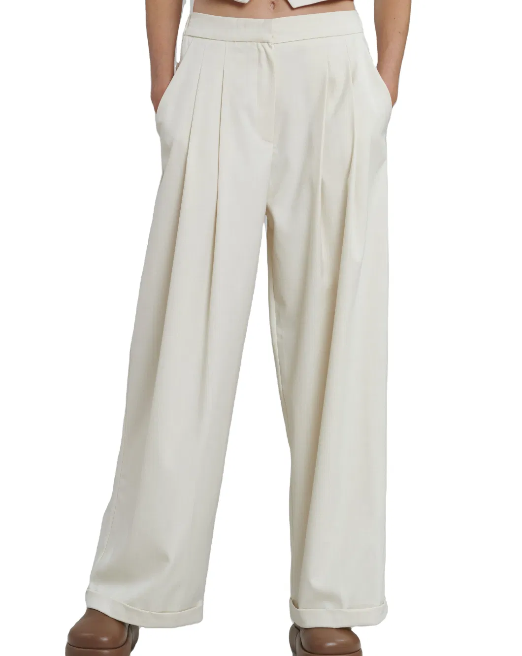 OEM Solid Wide Leg Side Pants Seam Hip Illusion Welted Back Pockets Front Pleated Detailing Zip Fly Trousers for Women