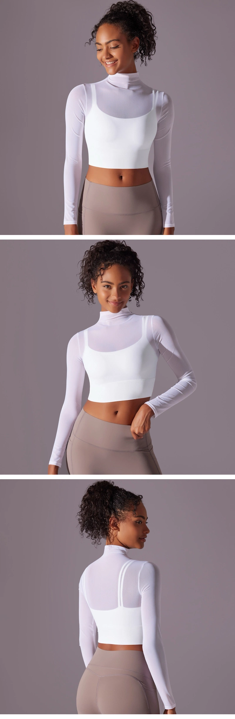 New Design Fall Winter Sexy Long Sleeve Blouse Sports Activewear Crop Top Gym Sweatshirt for Women, See Through Beauty Back Mesh Yoga Running Shirts with Bra