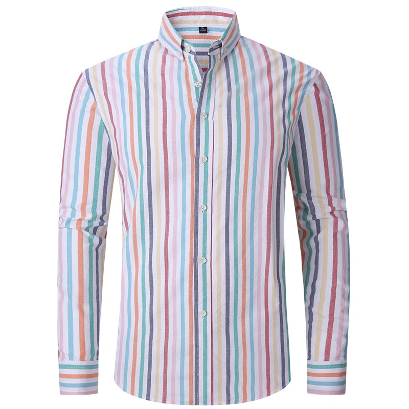 Custom Stripe Rainbow Printing Collor Pocket 100% Cotton Long Sleeve Men Shirts