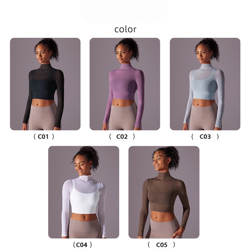 New Design Fall Winter Sexy Long Sleeve Blouse Sports Activewear Crop Top Gym Sweatshirt for Women, See Through Beauty Back Mesh Yoga Running Shirts with Bra