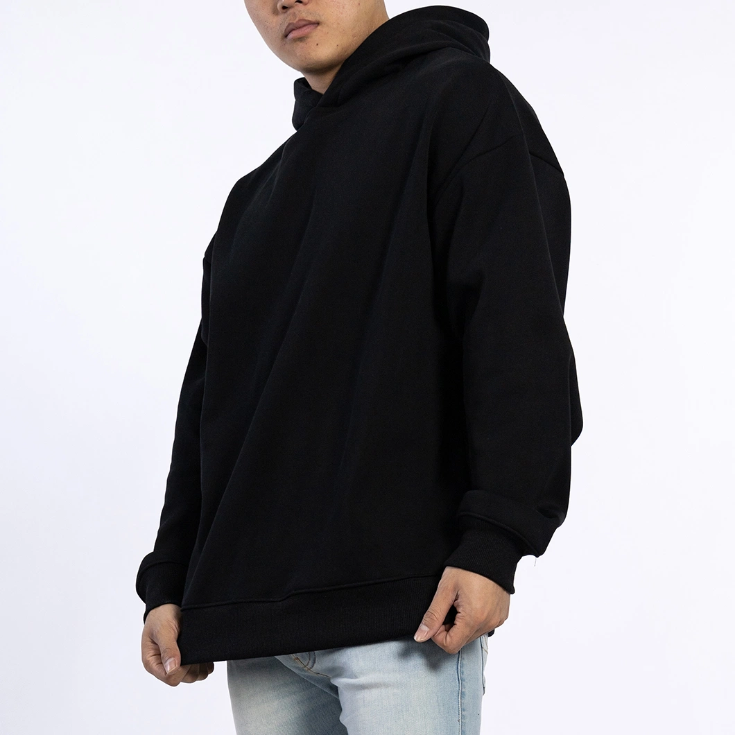 Custom 330GSM Knitted Cotton Male Pullover Soft Long Sleeve Black Hoodies for Men