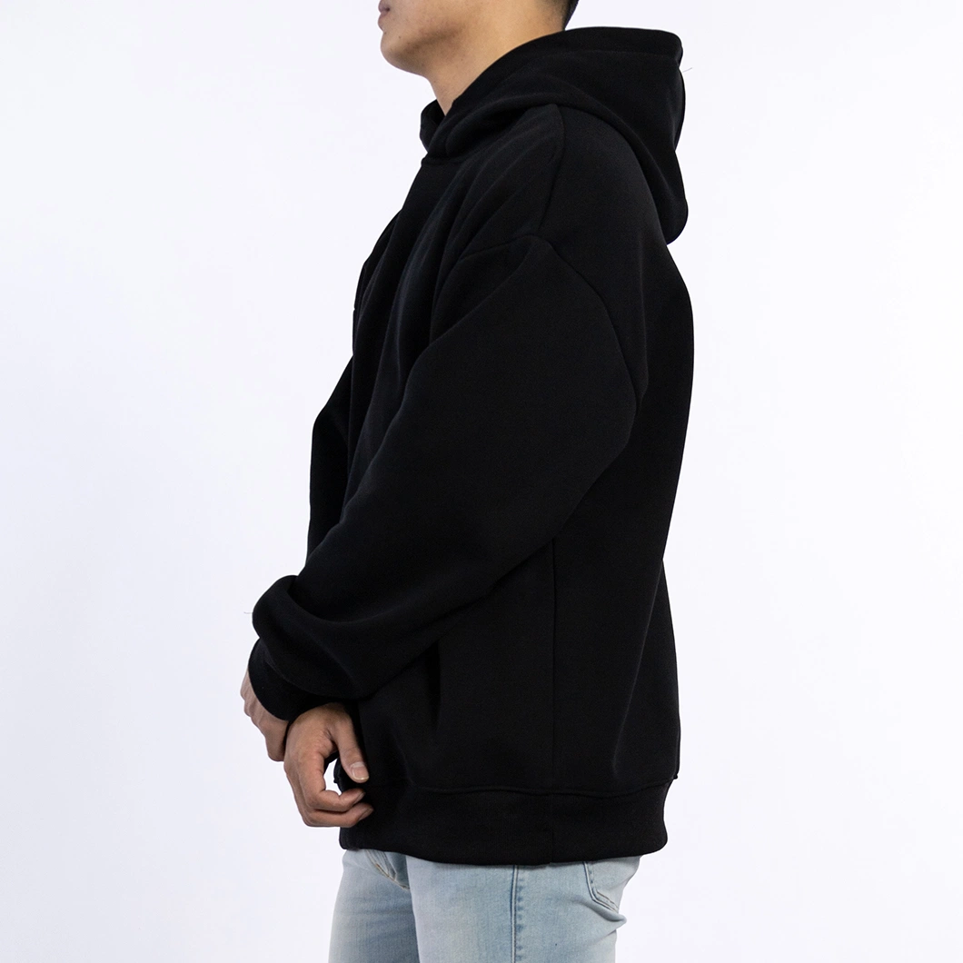 Custom 330GSM Knitted Cotton Male Pullover Soft Long Sleeve Black Hoodies for Men