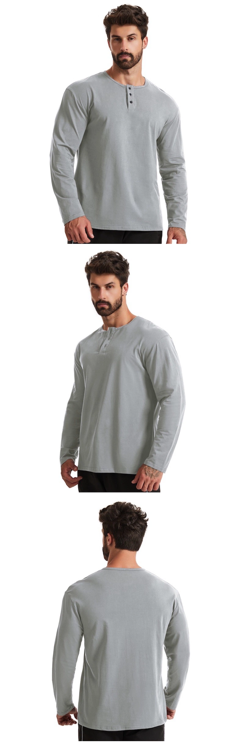 Wholesale Custom Logo Men&prime;s Loose Fit Long-Sleeve Henley Shirt Casual Beefy Workout Cotton Pullover Shirts with Buttons for Men