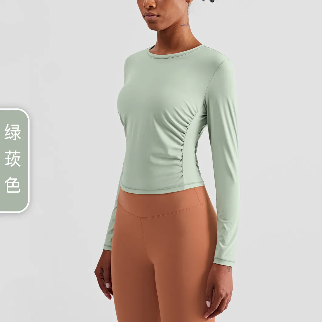 Pleated Slimming Fitness Nude Lu Yoga Clothes Women&prime; S Long-Sleeved Cross-Border European and American High-Elastic Tight-Fitting Yoga Tops