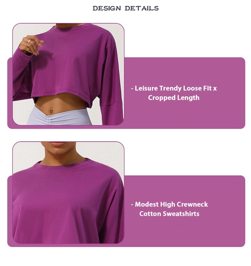 Wholesale Leisure Long Sleeve Travel Cotton Tops Activewear Tees, Custom Loose Fit Round Neck Tee Yoga Running Crop Sweat Shirts for Woman