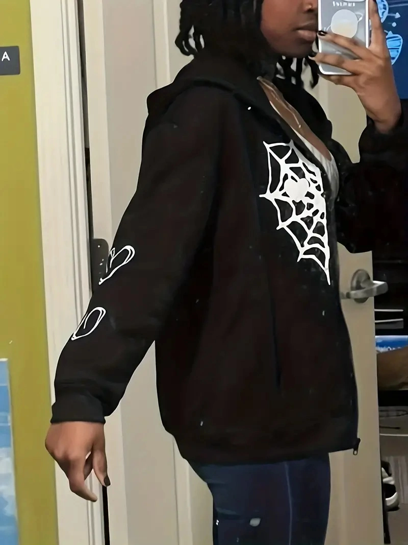 Spider Web Heart-Shaped Print Drawstring Loose Casual Zipper Hoodies Pocket Fashion Long Sleeve Sweatshirt