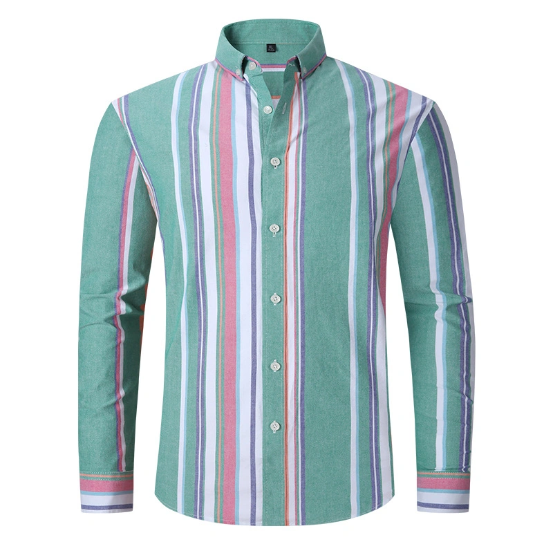 Custom Stripe Rainbow Printing Collor Pocket 100% Cotton Long Sleeve Men Shirts