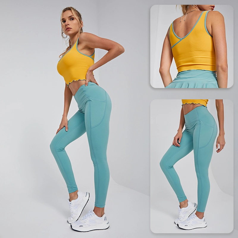 Ingorsports Wholesale Custom Women Clothing Contrast Color Binding Bra &amp; Yoga Pant with Pockets Without Front Seam for Sports Yoga Running Fitness Athletic Wear