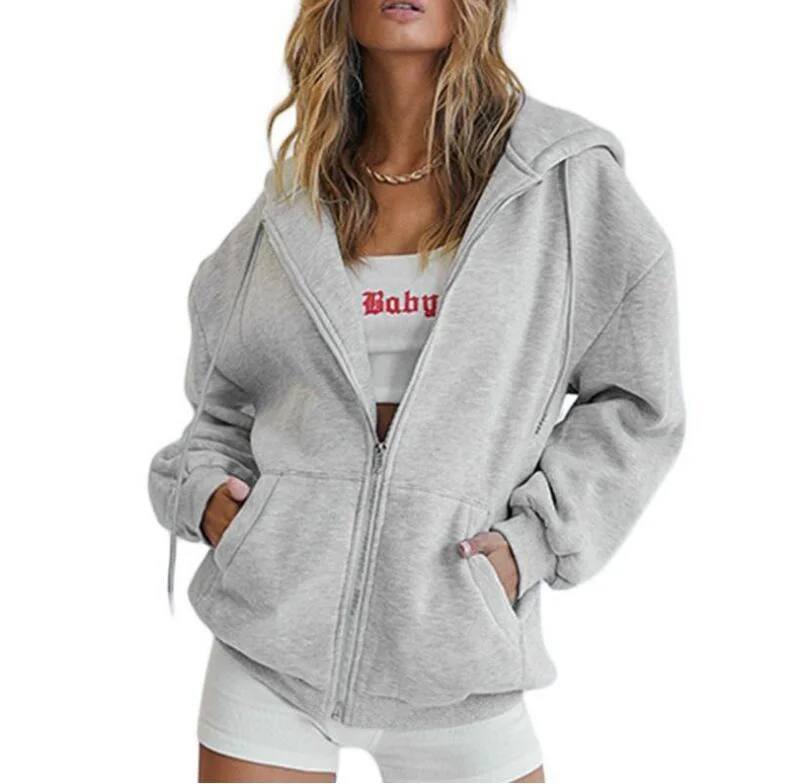 Custom Women Drawstring Oversized Front Zip up Hoodies with Pocket