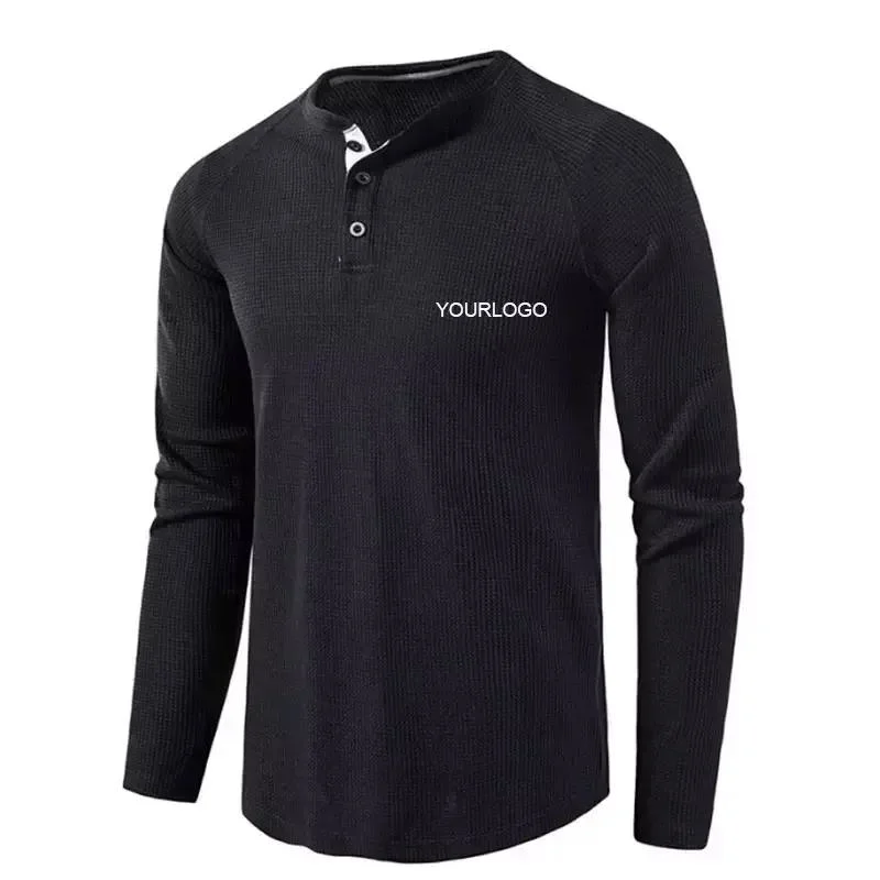 Plain Grey T-Shirts Bulk Henley Shirts Men Waffle Long Sleeve Gym Shirt Men Cotton Slim Sports Casual Wear T-Shirt