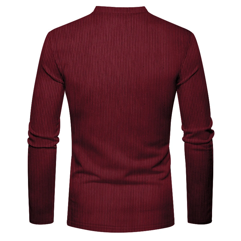 Men&prime;s Henley Collar Long Sleeve Pullover Corduroy Mixed-Color T-Shirt