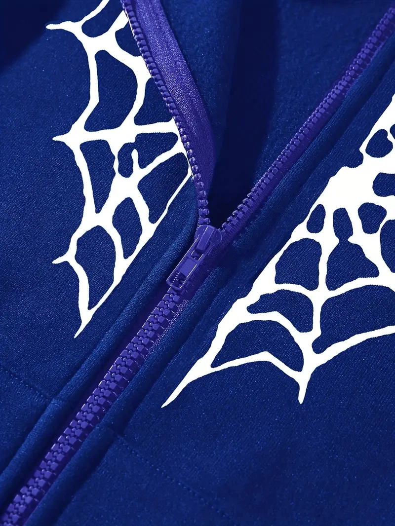 Spider Web Heart-Shaped Print Drawstring Loose Casual Zipper Hoodies Pocket Fashion Long Sleeve Sweatshirt