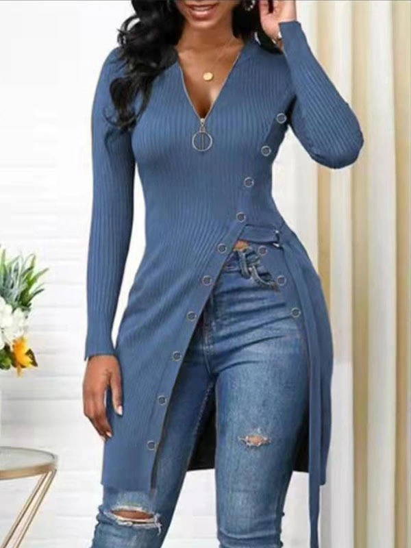 V-Neck Long-Sleeved High-Slit Solid Color T-Shirt