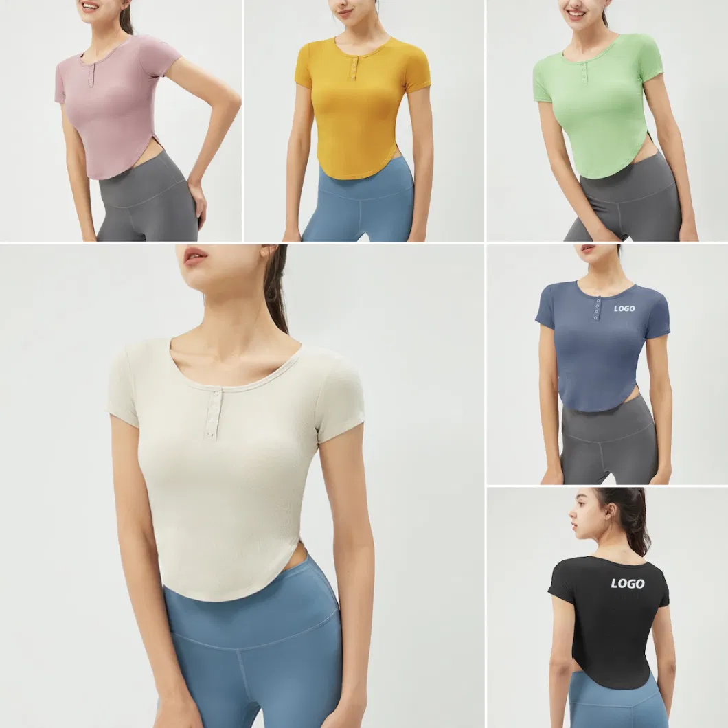 Wholesale Cute V Neck Yoga Apparel Henley Shirts Fitted Workout Crop Tops with Bra and Snap Button, Customize Short Sleeve Athletic Sports T-Shirts for Women