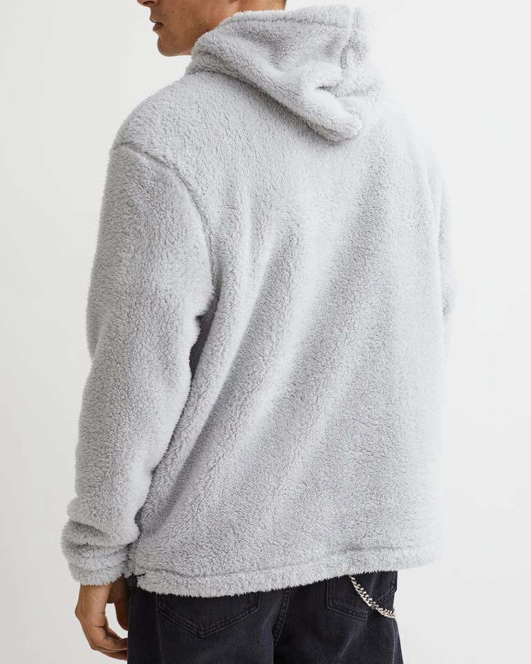 Relaxed-Fit Hoodie Soft Faux Shearling Kangaroo Pocket Elastic Drawstring