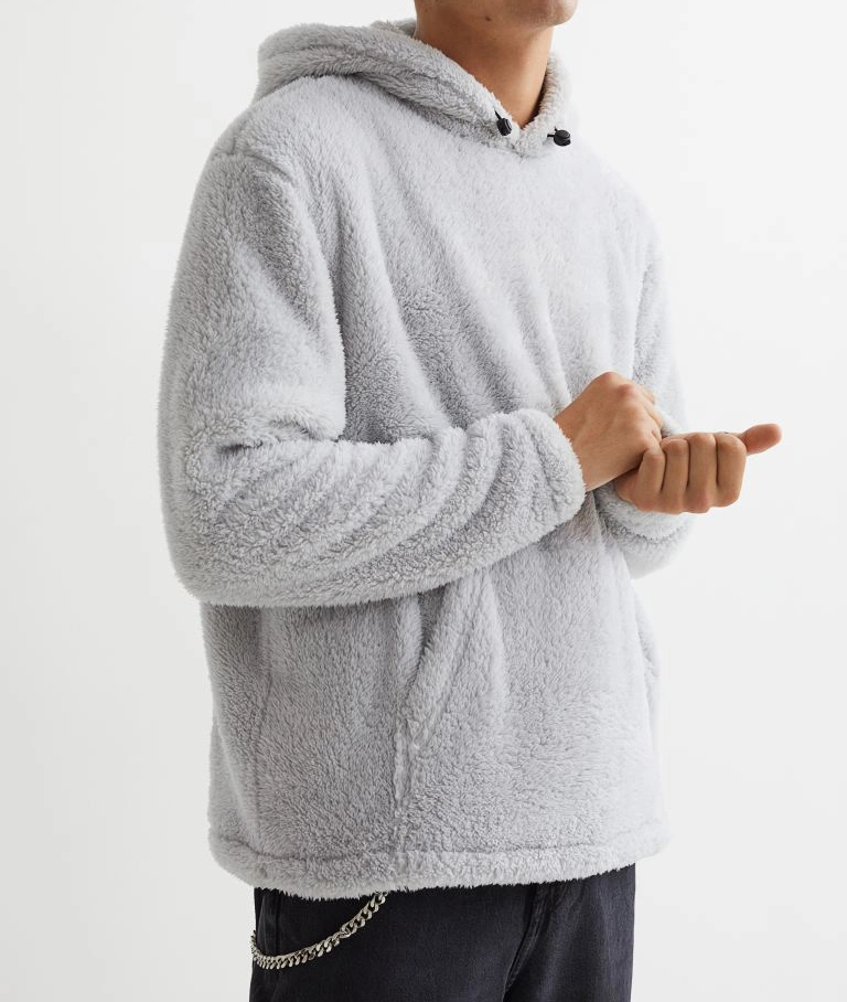 Relaxed-Fit Hoodie Soft Faux Shearling Kangaroo Pocket Elastic Drawstring