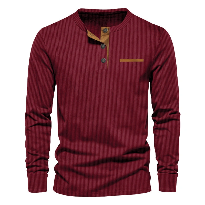 Men&prime;s Henley Collar Long Sleeve Pullover Corduroy Mixed-Color T-Shirt