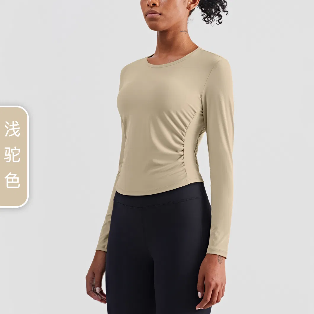 Pleated Slimming Fitness Nude Lu Yoga Clothes Women&prime; S Long-Sleeved Cross-Border European and American High-Elastic Tight-Fitting Yoga Tops