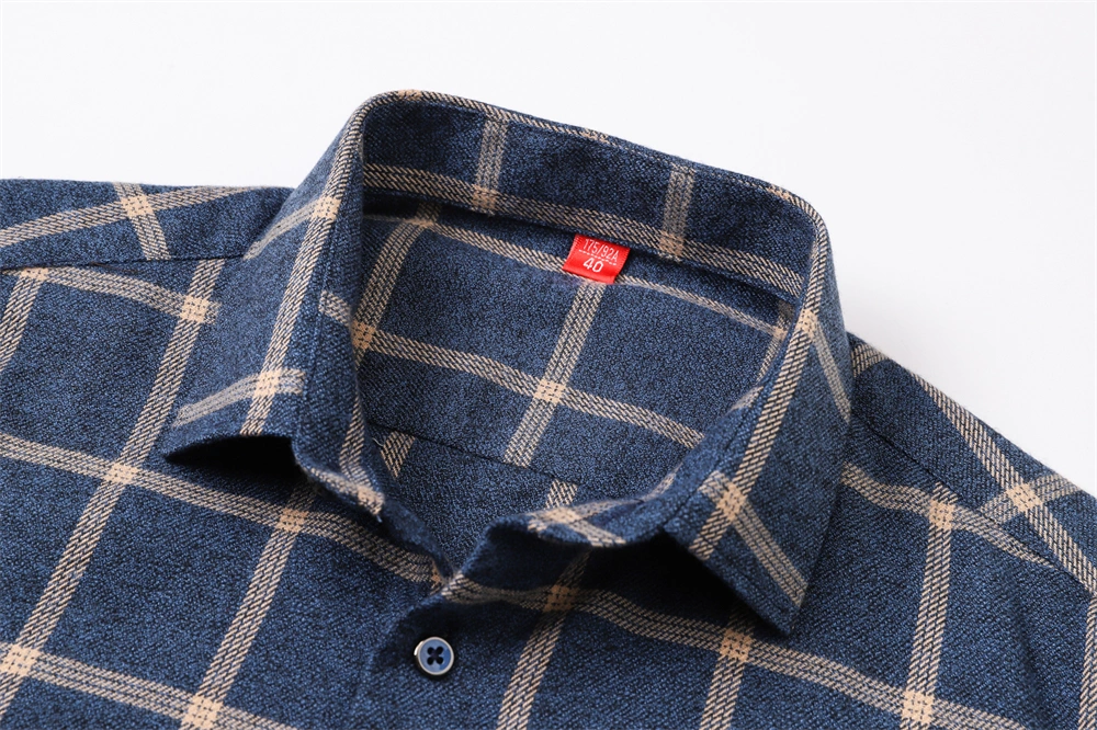 Top Sell High Quality Men&prime;s Long Sleeve Checked Flannel Casual Stand Collar Shirt Loose Slim Fit Shirts Custom Cotton Formal Dress Shirt