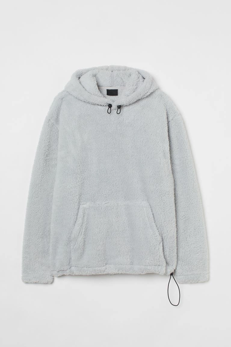 Relaxed-Fit Hoodie Soft Faux Shearling Kangaroo Pocket Elastic Drawstring