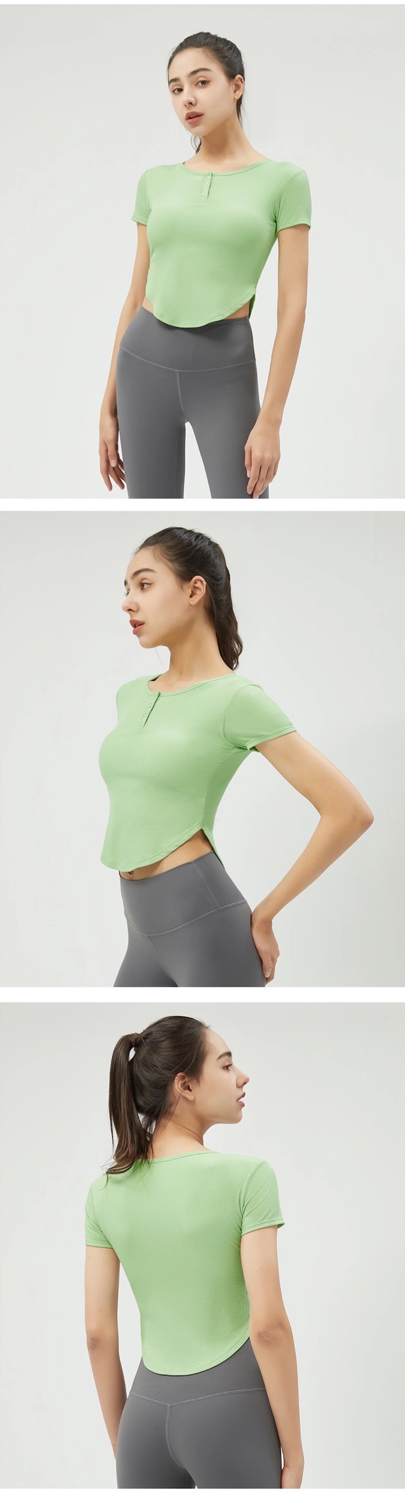 Wholesale Cute V Neck Yoga Apparel Henley Shirts Fitted Workout Crop Tops with Bra and Snap Button, Customize Short Sleeve Athletic Sports T-Shirts for Women