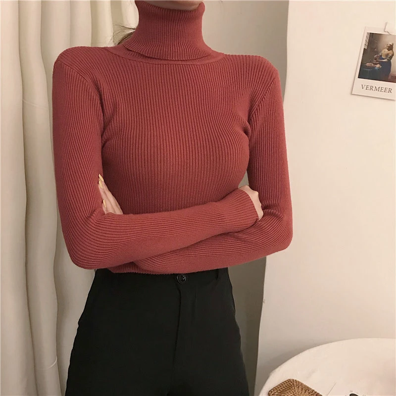 Autumn Winter Slim Black Pullover Sweater Female Tight Knit Sweater