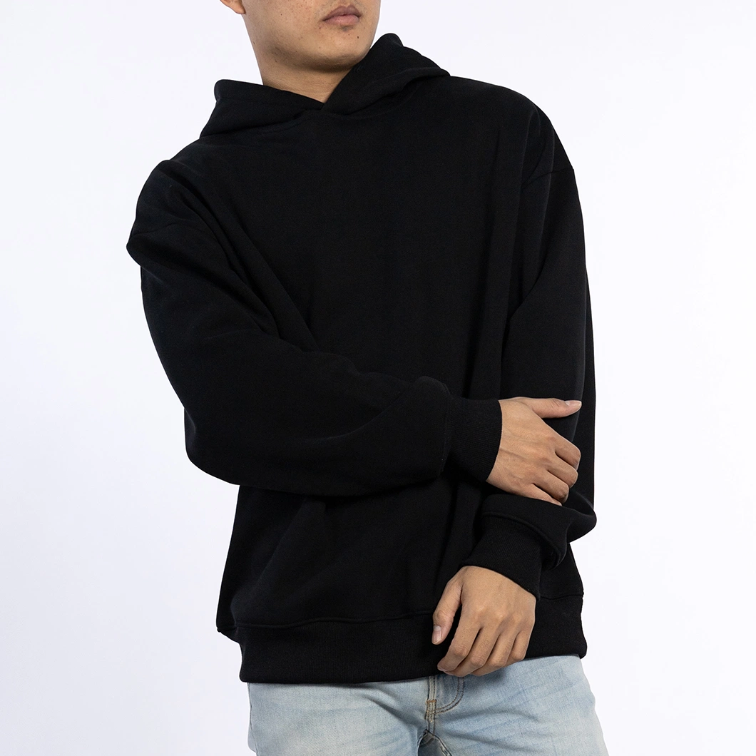 Custom 330GSM Knitted Cotton Male Pullover Soft Long Sleeve Black Hoodies for Men