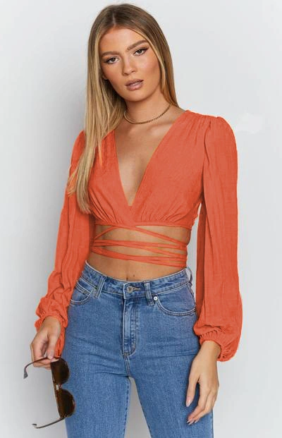 Summer New Solid Color Women&prime;s Strappy Cardigan Sexy Ultra-Short Top Trendy Long-Sleeved Sunscreen Exposed Navel